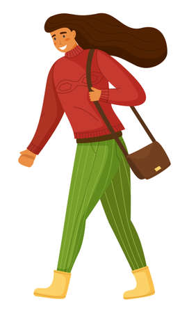 Walking woman with bag on shoulder, isolated cartoon character, young girl wearing warm sweater and striped trousers, cheerful happy brown long-haired female, positive teenager or student walkのイラスト素材