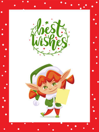 Elf cartoon character wearing costume and hat holding letter. Postcard Best Wishes on winter holidays on red frame with snow symbols. Card gnome fairy hero with message paper on white vectorのイラスト素材