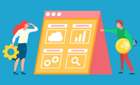 Icons on board vector, people with screen featuring cloud and infochart, magnifying glass and interaction sign. Man and woman with tools for businessのイラスト素材