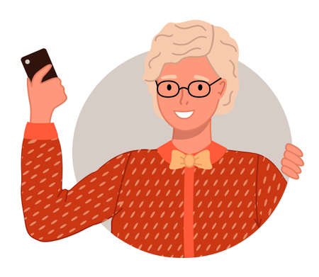 Old smiling woman wears glasses, with grey short hair and smartphone in her hand. Female figure close-up in grey circle. Mature woman wearing red dotted dress with bow around her neck. Flat imageのイラスト素材