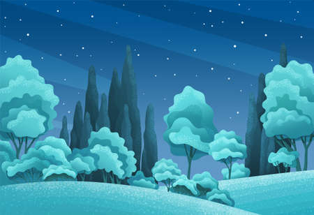 Grasses, stems, spacious meadow or field, bushes, shrubs, variety of deciduous trees, night dark sky with clouds. Summer night in nature, rural or forest. Flat design for website, game, bannerのイラスト素材