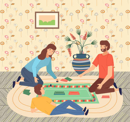 Father, mother, son teenager playing monopoly at floor, people spend time together. Parents and kid playing indoor game at home. Happy family, home activity, people have fun. Cartoon charactersのイラスト素材