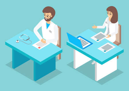 Doctors in the uniform sitting at the desk in the hospital office. Medical characters checking prescription on paper. Clinic appointment meeting, conversation about checkup results. Exam for doctorsのイラスト素材
