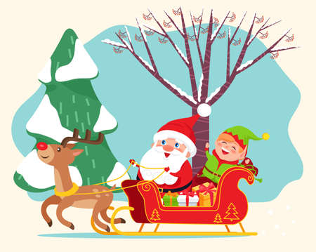 Santa Claus riding sleigh with reindeer. Happy elf and gift boxes on back on sled. Christmas time, traditional holiday characters. Landscape of wood with snowy trees. Vector illustration in flat styleのイラスト素材