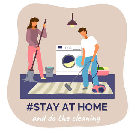 Stay at home and do the cleaning. Quarantine self-isolation at home. Motivational slogan, stop be lazy. Virus outbreak. People staying safe. Man cleaning floor with vacuum cleaner, woman sweepingのイラスト素材
