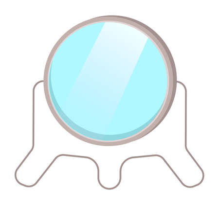 Round mirror in frame at steel pedestal isolated at white. Element or symbol for making makeup, shaving. Table mirror, tool or instrument, equipment for visagiste. Reflection in mirror. Simple iconのイラスト素材