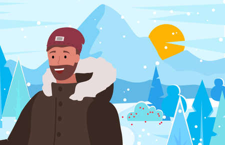 Male wearing warm clothes spending time by mountains in winter. Young personage on vacation in resort, wintry landscape with trees and bushes, foliage and sundown or sunrise. Vector in flat styleのイラスト素材
