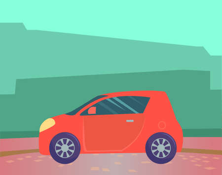 Small red microcar vehicle stand on ground in countryside. Automobile to drive and get your destination quickly. Green abstract background with silhouettes. Vector illustration in flat styleのイラスト素材