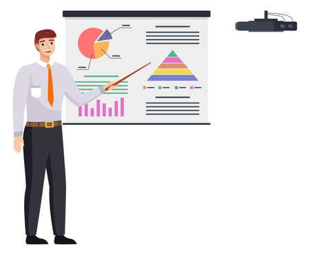 Businessman makes a presentation of a statistical report doing digital analysis charts. Planning business concept. Consulting for project management, financial reporting and strategyのイラスト素材