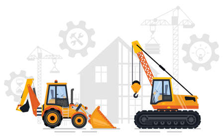 Construction equipment vector, bulldozer and loader crane with hook. Building with gears and cogwheels, creating new infrastructure in city flat styleのイラスト素材