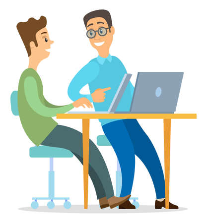 Two colleagues sitting at table, using laptops. Business people discussing new project or startup working together. Teamwork in office. Isolated office workers men guys communicating, talkingのイラスト素材