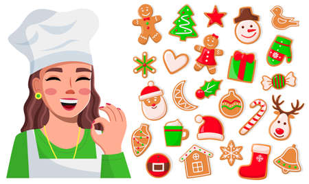 Smiling cook woman show ok good sign. Delicious sweet cookies. Set of christmas cookies, fir-tree, snowman, santa claus, christmas deer, candy, present, glove. Concept of New Year cookies collectionのイラスト素材