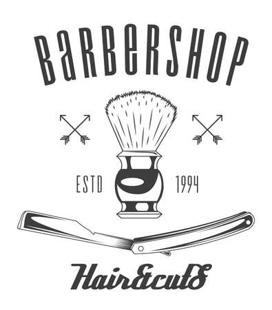Barbershop lazor blade, shaving brush, decoration elements. Black and white poster hair cuts. Vintage barbershop lettering for signboard, label, sticker, poster, print, advertisement, templateのイラスト素材