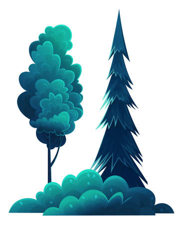 Deciduous and coniferous tall trees, navy blue crown, flat cartoon style isolated on white. Forest trees, lush foliage. Oak, spruce, hornbeam, diverse vegetation. Botanical illustration for sitesのイラスト素材