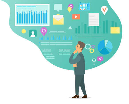 Thoughtful businessman. Man looking at strategy, organizing work time, analysing data, diagrams, charts, income message, working business, analytics icons. Office worker analysing statisticsのイラスト素材