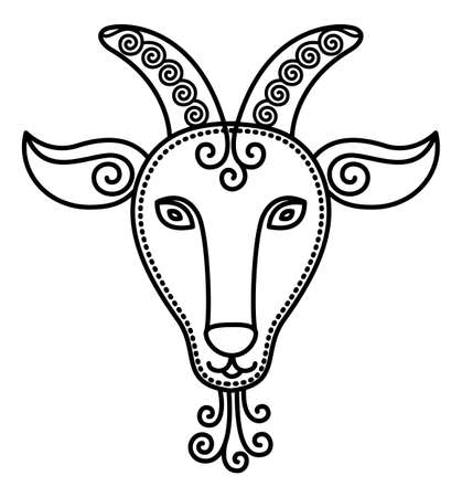 Tenth astrological sign, capricorn associated with sky constellation. Zodiac represented by symbol of horned goat. Contour drawing on white background. Vector illustration of animal in flat styleのイラスト素材