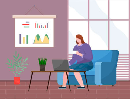 Office woman at a low table with a laptop. Business woman or a clerk working in modern workspace flat style illustration. Girl office worker enterpreneur performs work on a computer drinks teaのイラスト素材