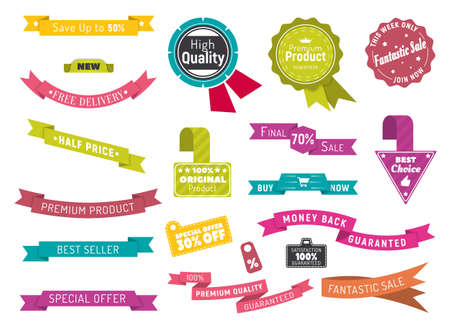 Sale or best price badges or label, shop tags and ribbons isolated icons vector. Sticker, exclusive pricing, special offer, hot deal. Save up signage, discount logo, retail and trade illustrationのイラスト素材