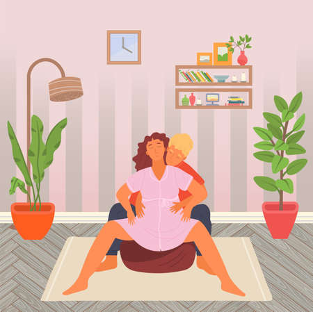Pregnancy preparing, wife and husband make position training on bag chair at home. Exercising for pregnant woman, giving birth position or pose. Female character waiting for childbirth with caring manのイラスト素材