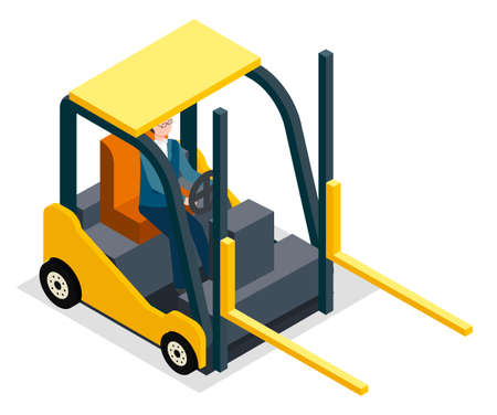 Man driving and controling the forklift vector illustration. Warehouse equipment loader, cargo delivery storage service industrial yellow forklift truck and worker driver isolated on white backgroundのイラスト素材