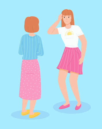 Meeting of two women. Female character complains of a headache, shows a hand on a sore head flat vector. Medical consultation between doctor and her patient or daughter complains about pain to her momのイラスト素材