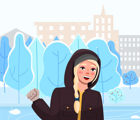 Girl on winter city street landscape. Cute woman vector illustration in flat style walk in winter time. Female character wearing in warm black jacket with a hood on her head, smiling waving handのイラスト素材