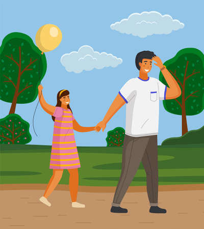 Happy family father and daughter with balloon walking in the park outdoors together outside the city summer day. Smiling dad holding child hand. Vector illustration family leisure activity flat styleのイラスト素材