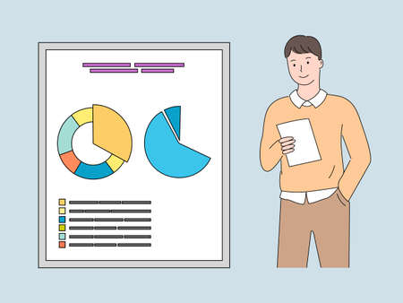 Business project development and stats on board vector, whiteboard with info pie diagram with segments, man reading paper, male looking at page analyticsのイラスト素材