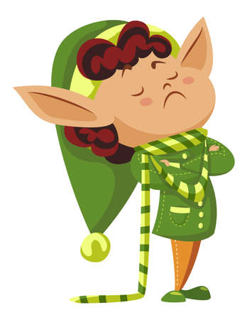 Elf cartoon character with sad mood standing and crossing hands. Christmas card with traditional assistant wearing green costume and striped scarf. Winter festive angry hero with big ears vectorのイラスト素材