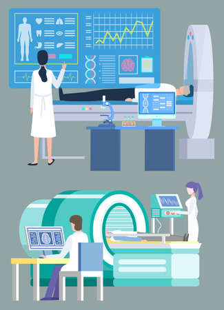 Clinical diagnosis and healthcare vector, diagnostics with help of modern devices. MRI and CT computed tomography and magnetic resonance imaging setのイラスト素材