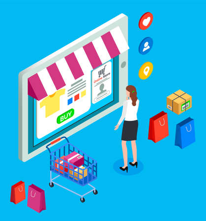 Isometric image of cartoon screen tablet with shopping site. Online store concept. Buy things send packages. Girl selects product in online store. International trade. Virtual market place. E-commerceのイラスト素材