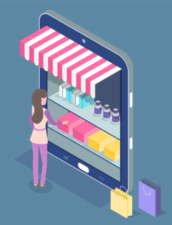 Online shopping. Isometric 3d digital tablet with online shop. Stylish woman shopper choosing, buying products, goods, purchasing in online store at website. E-commerce concept. Shelves with goodsのイラスト素材