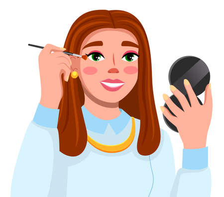 Cute girl using eye shadows, holding brush and looking in pocket mirror in hand. Beauty blogger. Brown-haired pretty woman making light makeup for herself. Lady wearing earrings, necklace accessoriesのイラスト素材