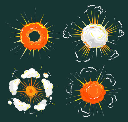 Collection of explosions, isolated icons set. Outbreak or blast with fume and fire. Flame and smoke...