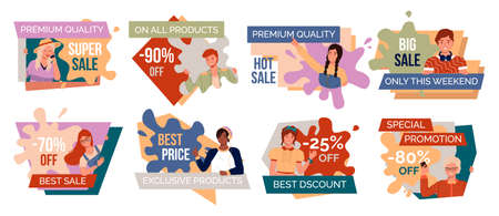Set of advertising slogans about sales, discounts, promotions. People are encouraged to shop. Market trick. Black friday, weekend sale, best discount, special offer. Product promotion, sales increaseのイラスト素材