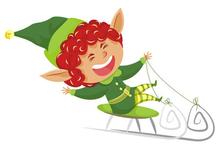 Xmas character riding sleigh downhill. Isolated christmas personage with smile on face. Elf wearing traditional costume sitting on sleds. Dwarf with red hair and long ears. Pixy vector in flatのイラスト素材