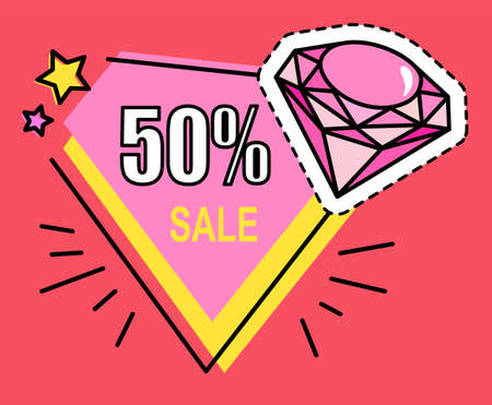 Hot sale. 50 off discount. Colorful sticker with diamond. Discount offer. Cartoon style in pink and yellow colors. Buy with half discount. Advertisement label, promo action. Price tag, good offerのイラスト素材
