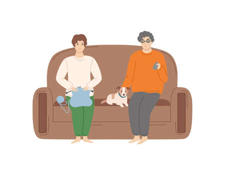 People at home vector, comfortable furniture, weekends of man and woman sitting on sofa with domestic pet. Lady knitting, hobby of female person isolatedのイラスト素材