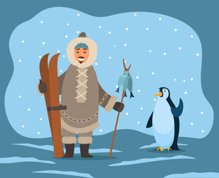 Eskimos wearing warm coat and clothes protection from frost and cold of winters. Inuit with skiing equipment and fish on stick. Penguin waving wing. Polar landscape with snowing weather vectorのイラスト素材