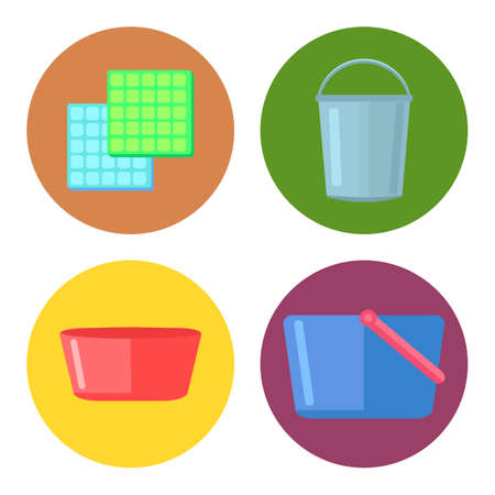 Collection of washing or cleaning tools, instruments, equipment. Isolated cleaning rag, bucket, plastic bowl, blue bucket with handle. Housekeeping, housework concept. Wash household instrumentsのイラスト素材