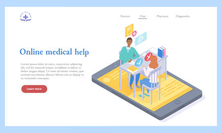 The concept of online medicine and diagnosis. Web site template. Male doctor examines female patient in a medical office. Diagnosis and medication. Remote communication between therapist, patient.のイラスト素材