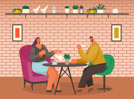 Two people eating out. Man and woman drinking coffee and talking with each other in cafe. Coffeehouse interior with houseplants. Place for date or meeting with friend in cafeteria vector illustrationのイラスト素材