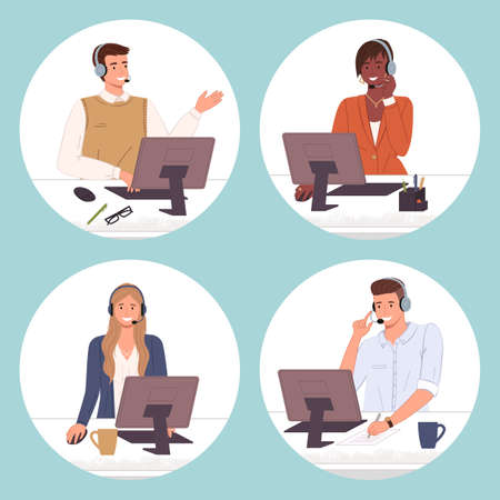 Managers in call center hotline. Online support worker, telephone service operator. Dispatcher, workplace of customer support manager at computer desk. Remote service specialist with headphoneのイラスト素材