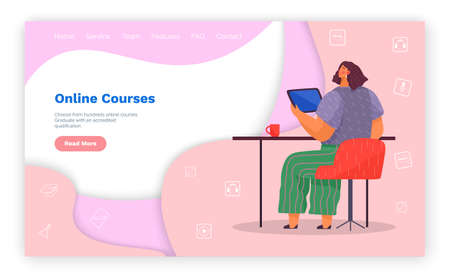 Online courses education concept banner. Vector flat illustration for web, landing page template. E learning, distance business training. Woman sitting at a table with tablet studying remotelyのイラスト素材