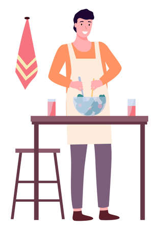 Young man cooking salad in the kitchen. Household activity, housekeeping, everyday duties and chores. Man in a kitchen apron stands near the table and prevents salad in a bowl vector illustrationのイラスト素材