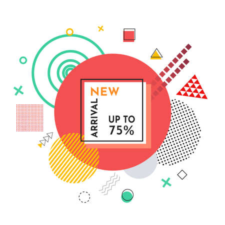 Trendy abstract geometric bubble hot sale. New arrival, big sale and special offer. Black friday up to. Big discount. Vivid banner retro poster design style. Vintage colors and shapes in memphis style