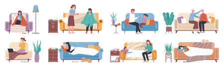 Collection of ill or sick and recovered people on sofa or couch at home. Sick person having cold. Adults and children having influenza, common cold or infection and recovering. Flu and sicknessのイラスト素材