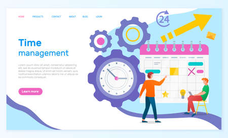 Time management landing page template. Concept planning, time organization of working day. Businessmen making a schedule, sitting with laptop near big calendar. Planning diary for productive workのイラスト素材
