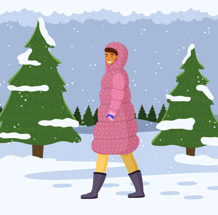 Woman in warm coat with a hood on her head walking alone outdoor in cold weather vector illustration. Happy smiling girl walks in the snow on the road past the snowy fir-trees on winter landscapeのイラスト素材