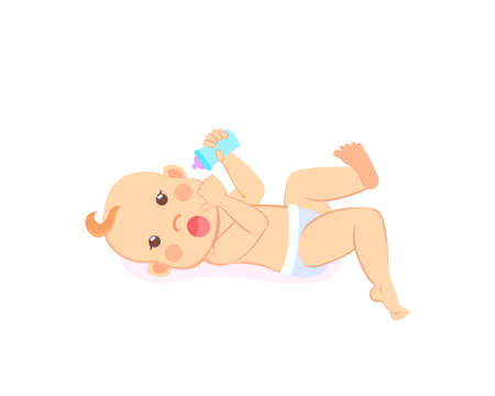 Newborn baby of four or five months lying on back with bottle of milk or water in hands isolated on white. Milestones child in diaper, smiling toddlerのイラスト素材